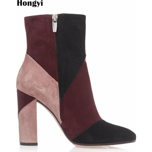 Hongyi 2018 new women boots sexy high heels Color Patch Work ankle boots for women botas femininas night Retro high heel boots