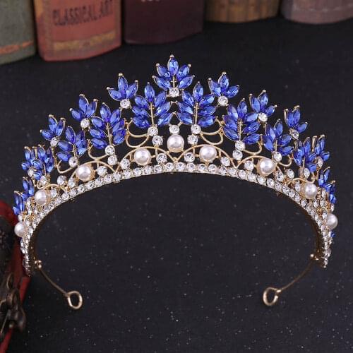 FORSEVEN New Retro Baroque Blue Rose Gold Crystal Simulated Pearls Tiara Crown de Noiva Bride Wedding Party Hair Jewelry diadema