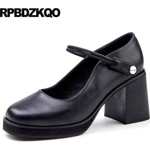 Autumn Retro Thick Chunky 2021 High Heels Mary Janes Women Shoes Square Toe Vintage Ankle Strap Black Size 4 34 Pumps 3 Inch