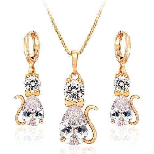 Cute Yellow Gold Color Kitty Cat CZ Pendant Necklace Drop Earrings Jewelry Sets For Women Children Kids Girls Gifts Bisuteria