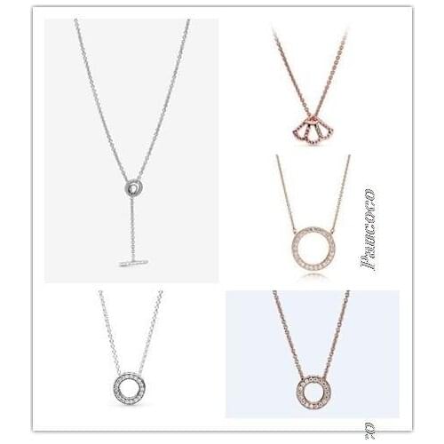 925 Sterling Silver Pave Circle Logo T-Bar Heart With Crystal Necklace For Women Wedding Party Pandora Jewelry