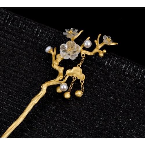 Gold Plated 925 Sterling Silver Step Shake Hair Stick Pearl Tassels Flower Hairpin Crystal Women Luxury Jewelry Traditional Gift