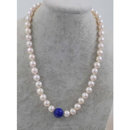 Freshwater pearl white near round 9-10mm and blue lapis lazuli carved 14mm FPPJ wholesale beads nature