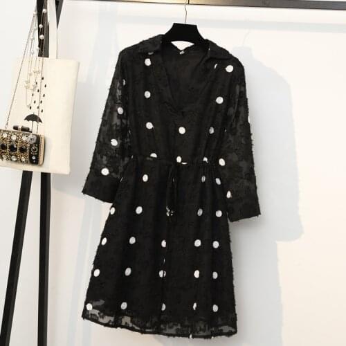 Plus Size Women Office Dot Dress Spring Long Sleeve Elegant vintage Korean High Waist A-line Dresses women black female Vestidos