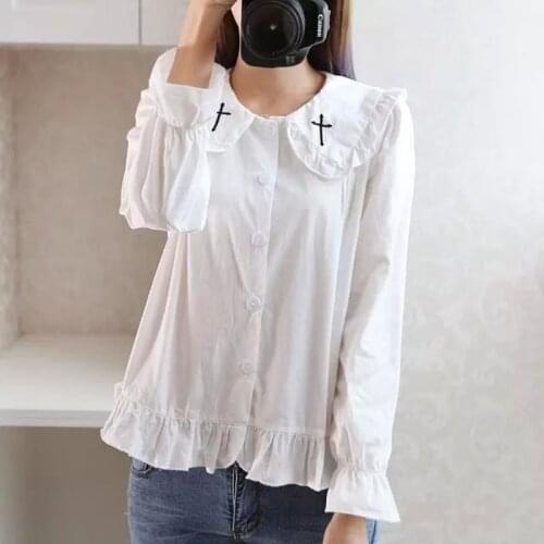 2018 Lolita Vintage Darkness Girls Shirts Big Peter Pan Sailor Collar Embroidered Cross Harajuku style Full sleeve loose Blouses