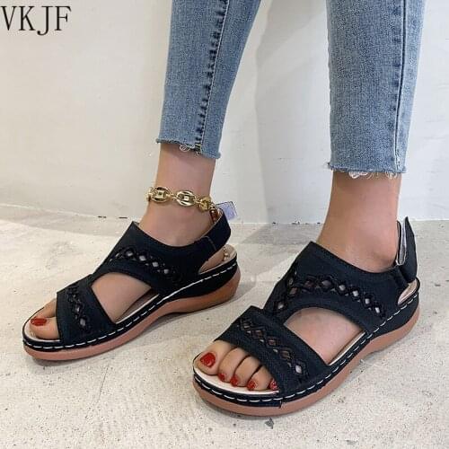 2021 Summer Women Wedge Sandals Premium Orthopedic Open Toe Sandals Vintage Anti-slip Leather Casual Female Platform Retro Shoes