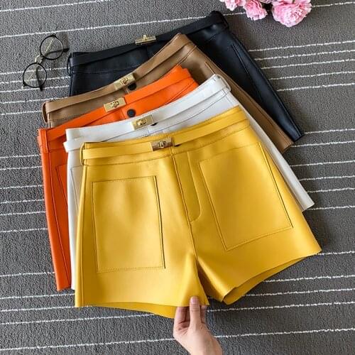 Chic Womens High quality Sheepskin High-rise leather pants fashion women Real leather short pants C440