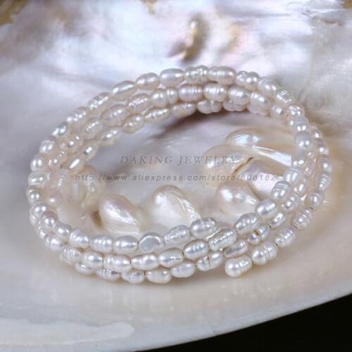 Three Rows Freshwater Pearl Bracelet Rice Shape Beads Fashion Woman Jewelry