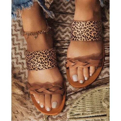 Women Summer Slip on Open Toe Ladies PU Flat Shoes Woman Fashion Casual Leopard Print Female Comfort Shoe 2020