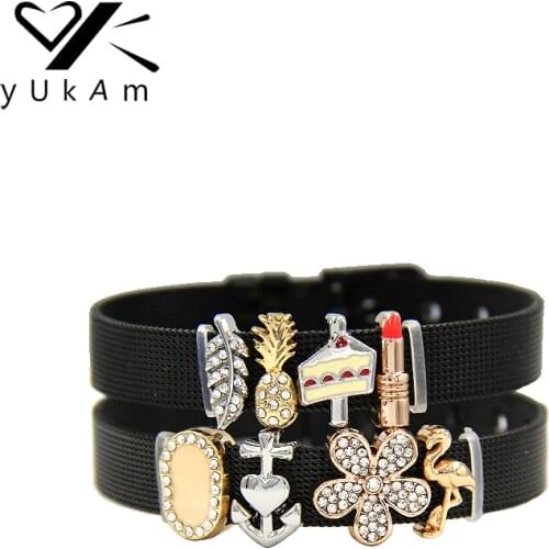 YUKAM Slider Crystal Feather Leaf Pinapple Lipstick Cake Flower Flamingo Anchor Slide Charms Keeper for Bracelets Jewelry Making