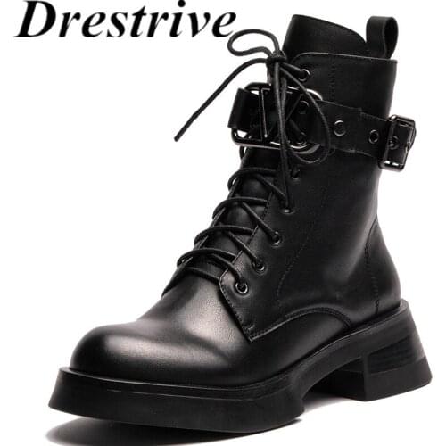 Drestrive Women Ankle Boots Cross Tied Round Toe Cow Leather Platform Thick Heels 2021 Winter Shoes Buckle Metal Knot