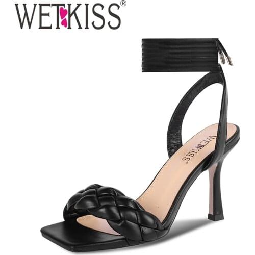 WETKISS Women Lace Up Weave Sandals Gladiator Sandals Female Stiletto High Heels Shoes Ladies Casual Shoes 2021