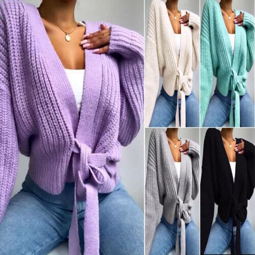 Womens Cardigan New Fashion 2020 Autumn Sweater V-Neck Lace Up Bow Sweater Solid Color Females Coat White Purple