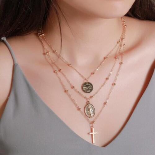 Gold Cross Pendant Necklaces Beaded Multi Layer Necklace Layered Geometric Clavicle Chain Fashion Jewelry Accessories Party Gift