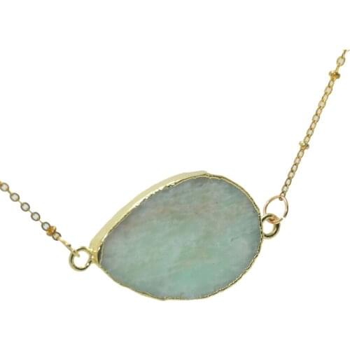 1pc Water Drop Rose Gold Bezel Natural crystal quartz slab pendant chain necklace amazonite stone pendant necklace for women