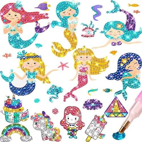 5D Mermaid Diamond Painting Stickers Self-Adhesive Diamond Painting by Number Kits Rhinestone Sticker for DIY Crafts Decoration
