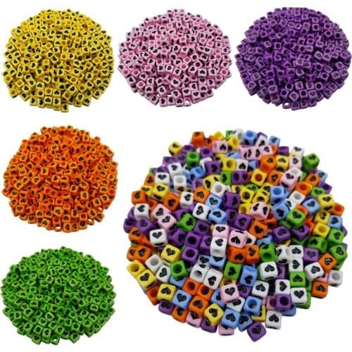 100PCS 6mm Square Beads Heart Printed Loose Spacer DIY Jewelry Accessories Craft Multicolor Fashion Fingdings Hot Sale Wholesale