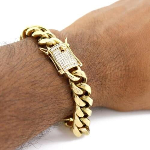Micro pave cz AAA cubic zirconia clasp Gold color wide cuban link chain Rock hiphop men boy chain bracelet necklace jewelry set