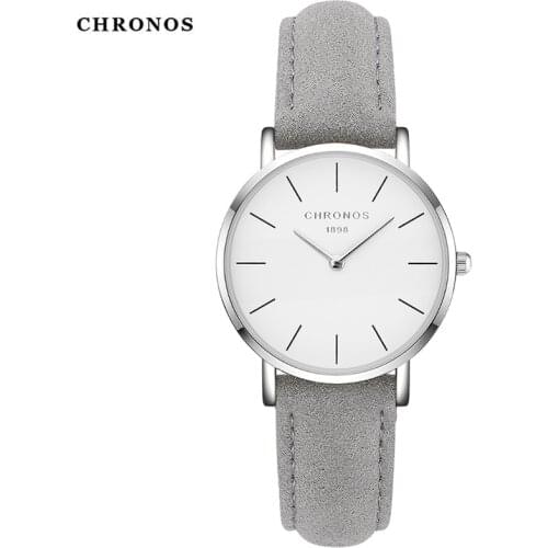 CHRONOS Women Watch Ladies Leather Sewing Side Suede Buckle Belt Simple Water Resistant Alloy Dial Wristwatch CH26