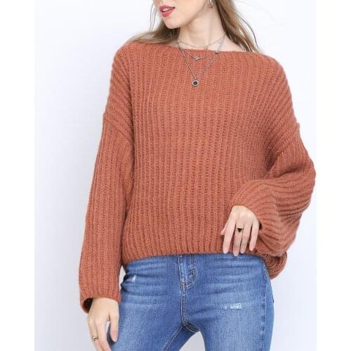Depony Autumn Winter Pullovers Sweaters Lantern Sleeve Women brown sweater Loose Solid Top Knit Plus Size Pullover Jumper