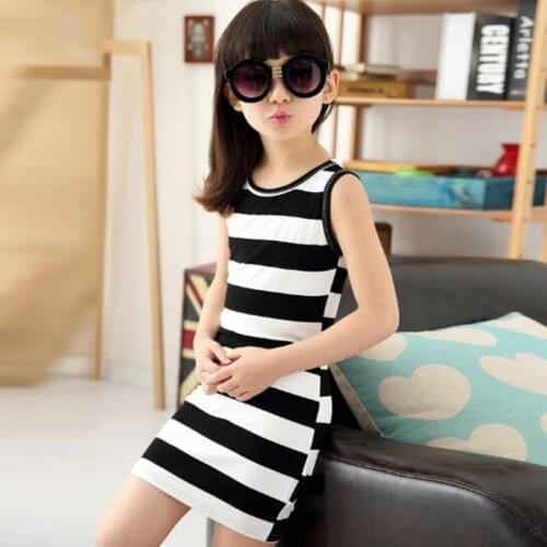 3-14 Years Kids Vest Dresses For Teenage Girls Children Girls' Clothing Black And White Striped Summer Girl Dress Cotton JW1113