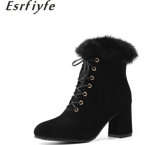 ESRFIYFE 2020 New Ankle Boots for Women Winter Boots Warm Fur Snow Boots Thick Heels Female Booties Footwear Plus Size 34-46