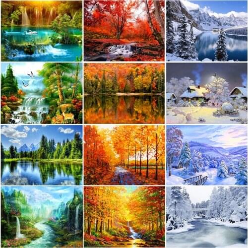 Full Square/Round 5D Diamond Painting Landscape Waterfall Mosaic Picture Cross Stitch DIY Decoration Gift Spring Autumn Winter