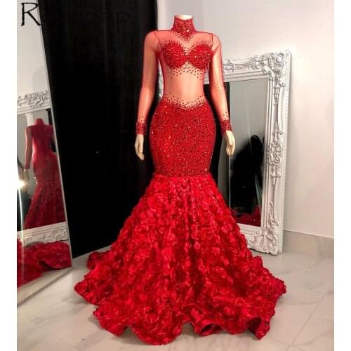 Red Mermaid African Style Long Prom Dresses 2021 Stunning Crystals See Through Top 3D Flowers Long Sleeves Party Prom Gowns