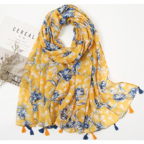 Fashion Floral Scarf Women Yellow Tassel Pashmina Ladies Soft Cotton Shawl And Wraps Brand 2021 New