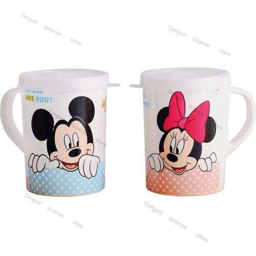 Disney Cartoon Character Mickey Minnie Cute Creative Anti-fall with Cover Single Ear Children Baby Cup Tableware Kindergarten