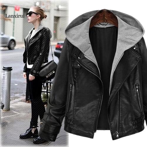 New Spring Long-sleeved Hooded Leather Jacket Joker Motorcycle Clothing Slim Short Female Casual Cloth