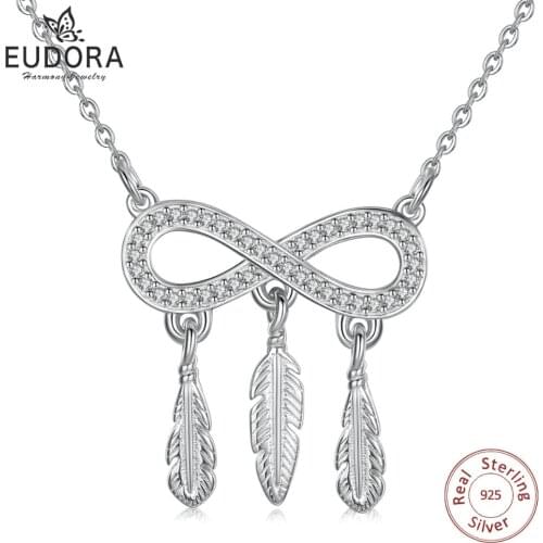 EUDORA 925 Sterling Silver Clear CZ & Infinite Love Feather Pendant Necklace Confident Necklaces For Women Fine Jewelry D339