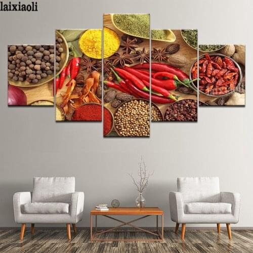 Restaurant art Round Diamond Painting"5 Panel Food Painting Spoon Grains Spices"Embroidery full square drills Mosaic Rhinestones