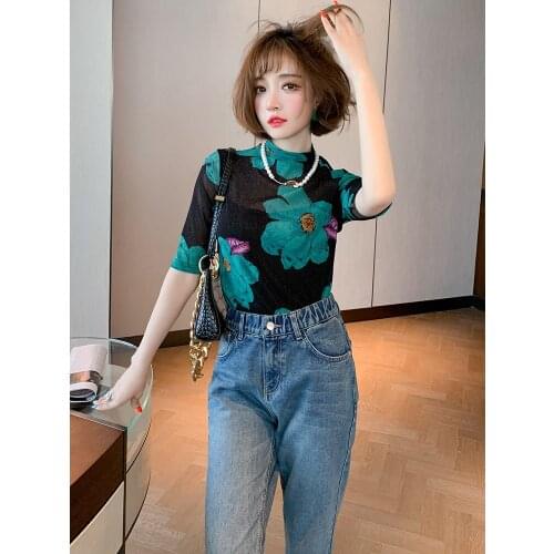Retro modern glitter silver silk stand collar printed slim five-point sleeve top womens 2020 early autumn new