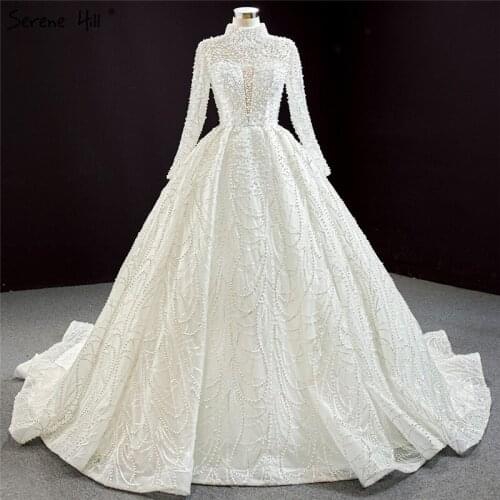Serene Hill Luxury Ivory High Neck Sexy Wedding Dress 2020 Long Sleeves Beading Pearls Bridal Gown Custom Made CHM67129