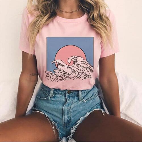 The Great Wave Off Kanagawa Japanese Casual Tshirt Women Print T Shirts Summer Harajuku Simple Streetwear Pink Tops Tees T-shirt