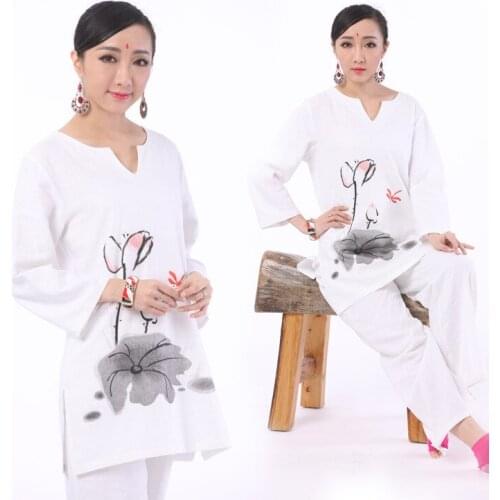 Spring Women Yoga Set TaiChi Uniforms Meditation Martial Arts Casual Suit Cotton Linen Loose Yoga Pant Flower Print Yoga Shirt