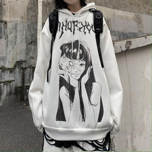 QWEEK Gothic Harajuku Hoodies Women 2021 Goth Oversized White Long Sleeve Manga Print Sweatshirt Streetwear Tops Kpop Clothes