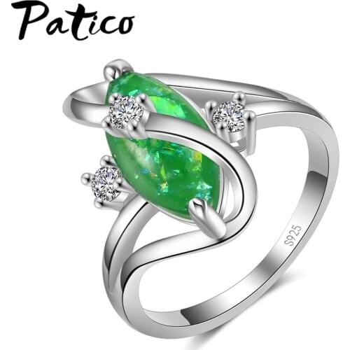 Real 925 Sterling Silver Rings Original Brand Green Austrian Crystals Rhombus Opal For Women Appointment Fingers Jewelry