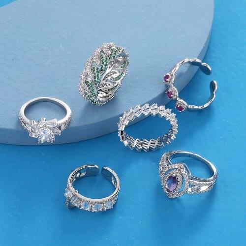 Women Rings Fashion Charm Inlaid Zircon Silver Color Rings Various Styles Banquet Engagement Rings For Girlfriend Birthday Gifts