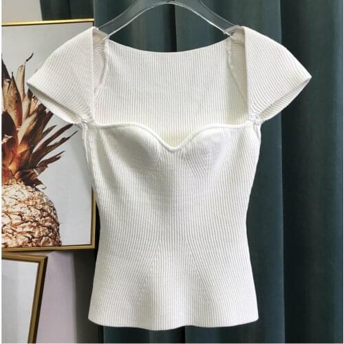 2019 new spring sqaure collar sleeveless knitting pullover slim short high waist top female tank