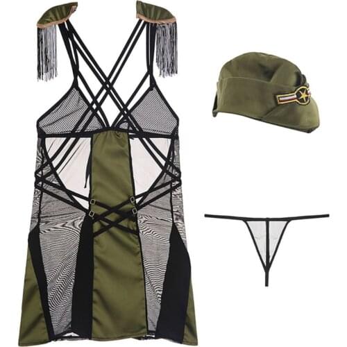 Women Stewardess Pilot Cosplay Lingerie Uniform Sheer Mesh Mini Dress with Captain Hat G-String Nightclub Underwear