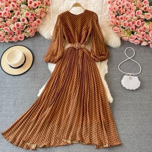 Elegant Womens Summer Polka Dot Pleated Dress Vintage Robe O-Neck Chiffon Long Sleeves Mixi Dress With Belt 2021Female Vestidos