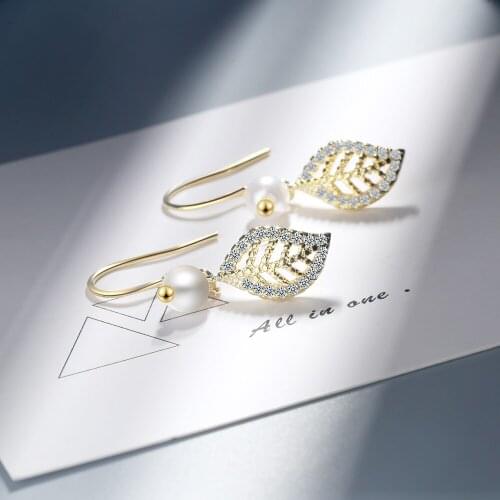 Golden leaf zircon pearl earrings new tide earrings feminine simplicity korean earrings