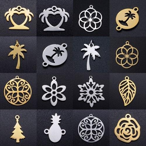 5pcs/lot Coconut Palm Tree DIY Charms 100% Stainless Steel Flower Leaf Pineapple Pendant Christmas Trees Connectors Charm