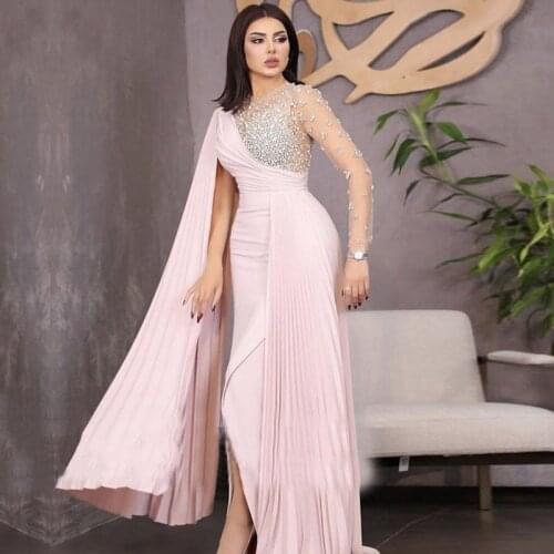 Eightale Arabic Evening Dresses O-Neck Beaded with Crystals Prom Gowns Mermaid Pleats Pink Custom Made Formal Party Dress