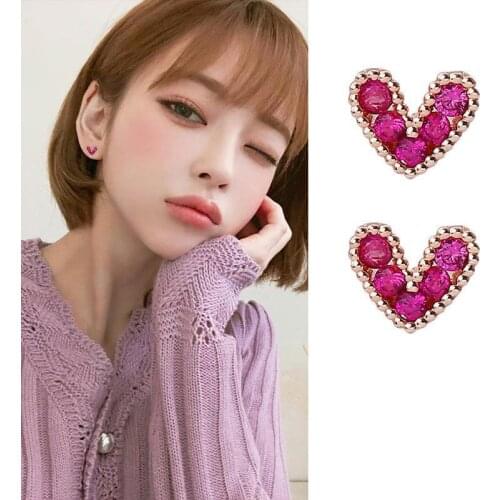 Fashion Hot Sale Sweet Peach Heart Pink Inlaid Zircon Shiny Mini Stud Earrings Faded Wild Valentine Gift Wedding Ear Jewelry