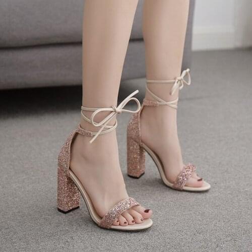 2021 New summer glitter gladiator sexy sandals shoes woman high heel open toe sandals women lace-up square heel party pumps