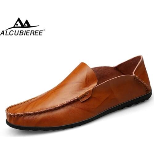ALCUBIEREE Brand Mens Casual Loafers Slip On Flat Shoes Summer Men Leather Boat Shoes Italian Handmade Driving Shoes Big Size 46