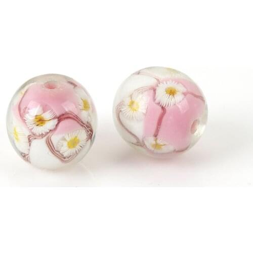 DoreenBeads Lampwork Glass Japanese Style Beads Round White Flower Snowflake Pattern About 16mm x 16mm, Hole: Approx 2.8mm, 1 PC